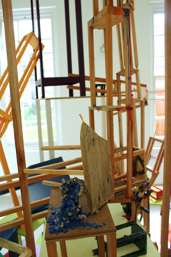 Detail of ‘Plinth Towers’, Ceramic, wood, wax, bronze and Hornby figurines.
